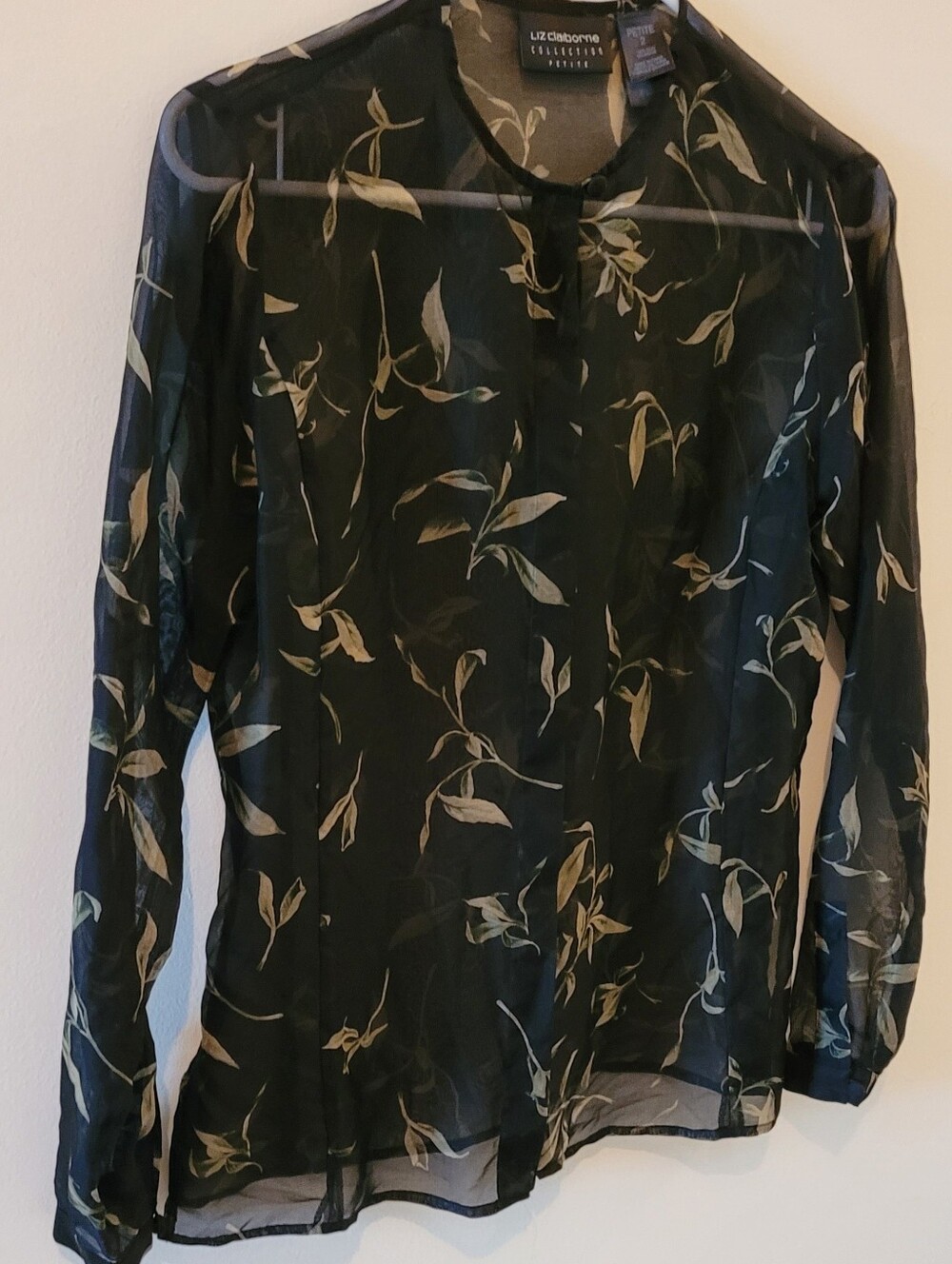 Liz Claiborne Black Sheer Blouse with Cream Leaf Print